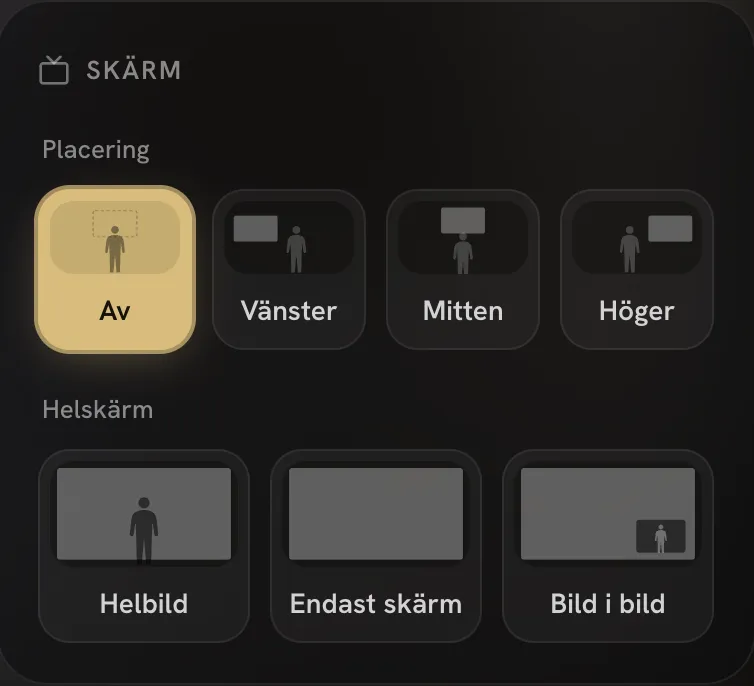 Skärmpanelen där presentationen placeras till vänster, i mitten eller till höger om talaren, eller visas i helskärm eller bild i bild.